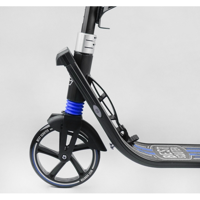 Самокат дитячий 2-х колісний, PU Best Scooter  L-50267 чорно-синій, Ø200mm, ФАРА, 2 амортизатори, затискач керма, ручне гальмо