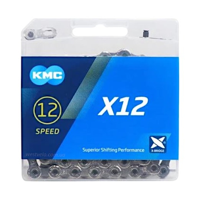 Ланцюг спорт. 12 передач KMC Х12 нікель-сірий,(1/2x11/128x126L) пластик + замок фото westvelo.com