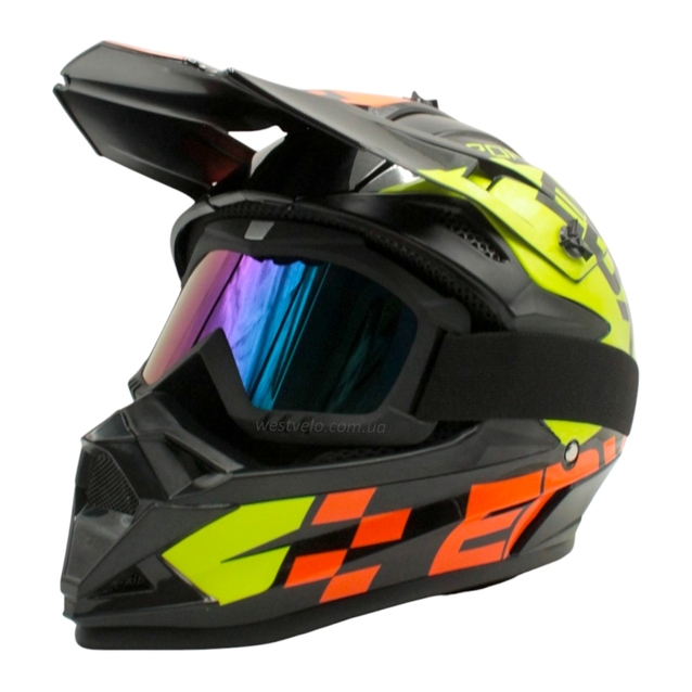 Шолом, закритий крос/ендуро (М) АТV EDX 021 чорно-жовто-помаранчевий глянець з дашком + окуляри фото westvelo.com