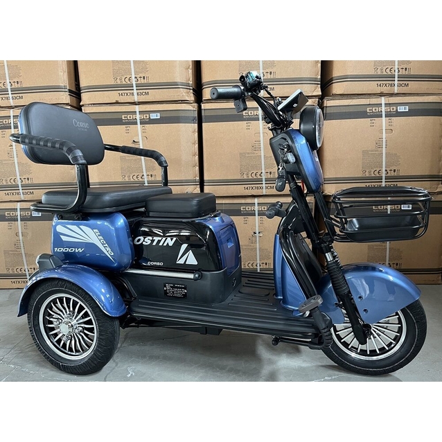 Трицикл Corso «OSTIN» SN-077150, двигун 1000W, акумулятор 72V/23Ah графеновий, синій + 1 ящик. акум, колеса 10" фото westvelo.com