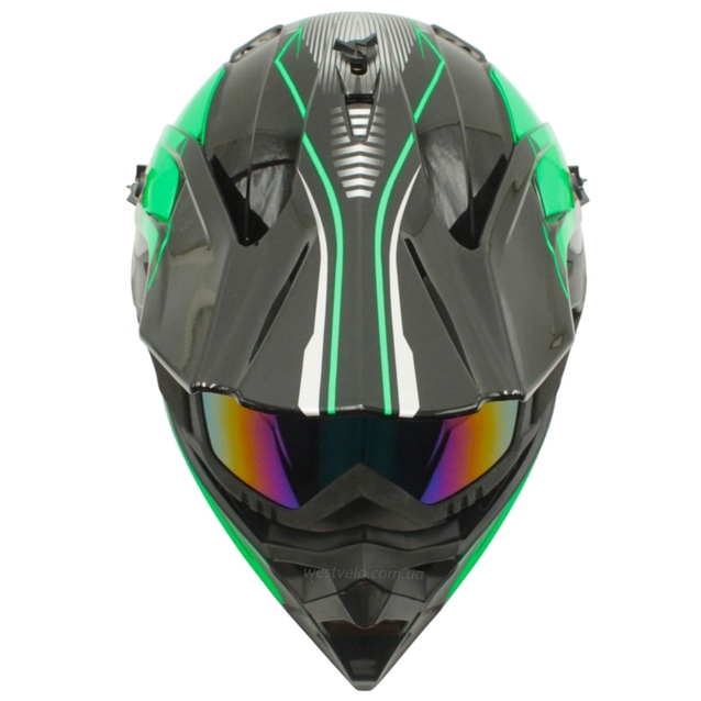 Шолом, закритий крос/ендуро (М) DOT/АТV EDX 025 чорно-зелений глянець з дашком + окуляри фото westvelo.com