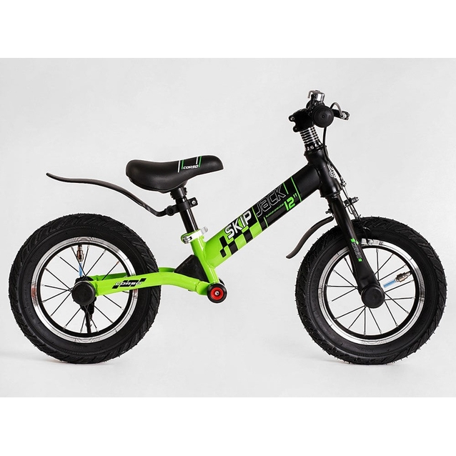 Велобіг 12 Corso надувні колеса, сталева рама «SKIP JACK» 95112 ручне гальмо, з амортизатором, чорно-салатовий фото westvelo.com