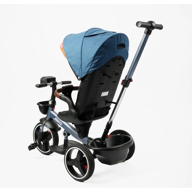 Дитячий велосипед 3-кол з батьківською ручкою, з даш, PU BestTrike «MARCO» 9155/307-05 синьо-коричневий, поворотне сидіння, складне кермо, кошик, телескопічна ручка, фара музична фото westvelo.com