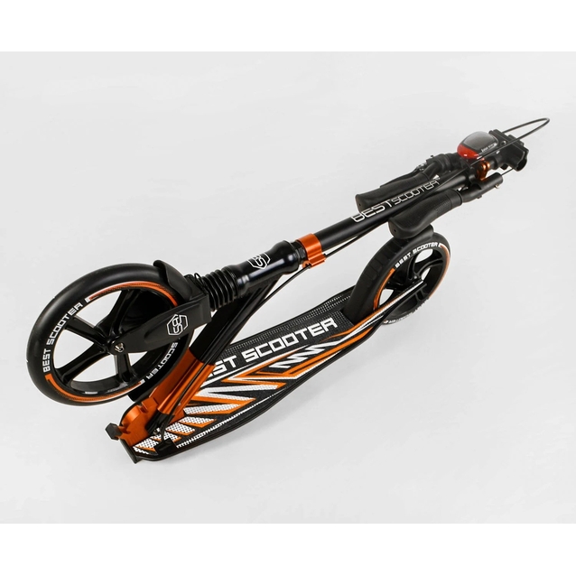 Самокат дитячий 2-х колісний, PU Best Scooter 79740 чорно-помаранчевий, колеса Ø230-200mm, AL, 1 амортизатор передній, ФАРА, затискач керма фото westvelo.com