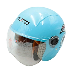 Мото шолом дитячий, відкритий RUITO Т68, блакитний з червоно-біло-чорним малюнком,