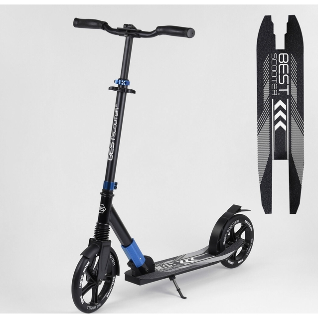 Самокат дитячий 2-х колісний, PU Best Scooter 75186 чорно-синій, колеса Ø230-215mm, AL, 1 амортизатор передній фото westvelo.com