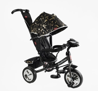 Дитячий велосипед 3-х колісний з батьківською ручкою, з дашком, колеса - EVA (піна) Best Trike 6588/60-775 чорно-золотий, d=25см переднє, d=20см задні, фара музична, USB, Bluetooth