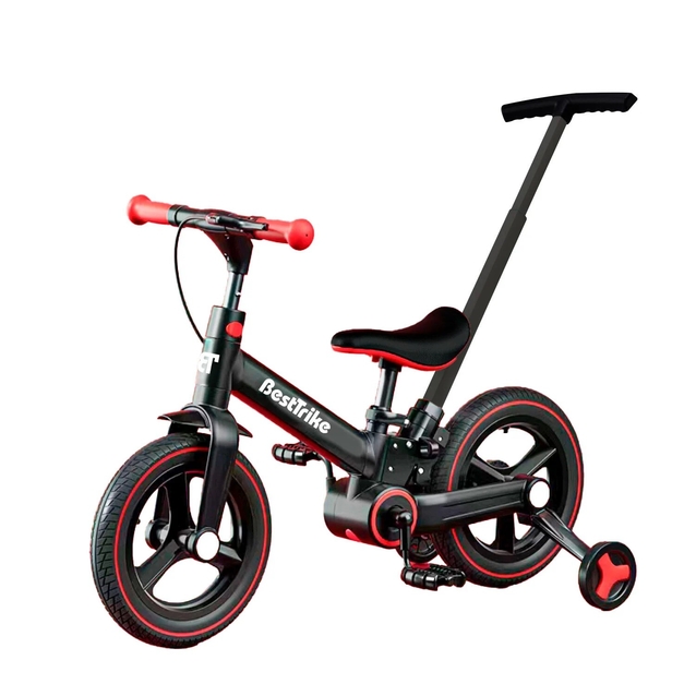 Велобіг-трансформер, 2-х колісний, з батьківською ручкою, PU 12  Best Trike BT-84119 чорно-червоний, складний, батьківська ручка, з’ємні педалі, ручне гальмо, допоміжні бокові колеса фото westvelo.com
