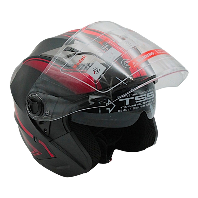 Мото шолом, відкритий (M 57-58) GXT "1001-5", чорний матовий з червоними вставками з відкидними окулярами фото westvelo.com