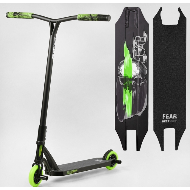 Самокат трюковий Best Scooter «FEAR» МТ-60611 чорно-салатовий, SCS-система, пеги, AL диск та дека, колеса PU Ø115mm, ширина керма - 58 см фото westvelo.com