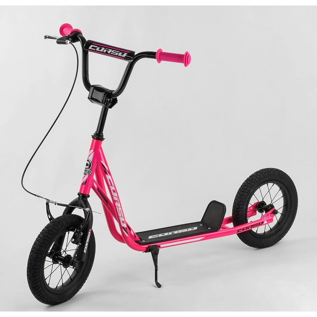 Самокат дитячий 2-х колісний, надувні колеса 12 Corso JT 47117 рожево-чорний, ручне переднє гальмо фото westvelo.com