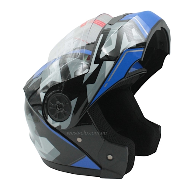 Мото шолом, трансформер (М 57-58) BLD-159 чорно-синій глянець з відкидними окулярами фото westvelo.com