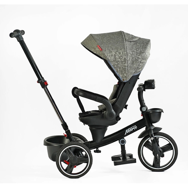 Дитячий велосипед 3-кол з батьківською ручкою, з даш, PU BestTrike «MARCO» 9155/318-82 чорно-сірий, поворотне сидіння, складне кермо, кошик, телескопічна ручка, фара музична фото westvelo.com