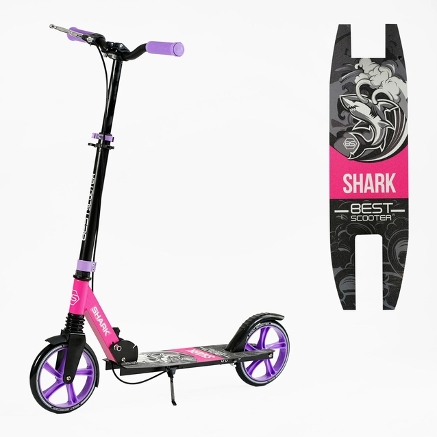 Самокат дитячий 2-х колісний, PU Best Scooter «SHARK» SH-30610 чорно-рожево-фіолетовий, Ø200mm, з ручним гальмом, затискач керма, 1 амортизатор