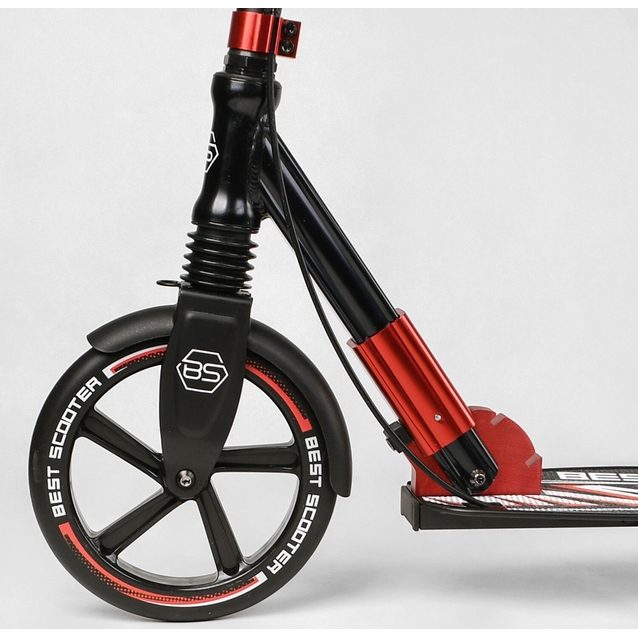 Самокат дитячий 2-х колісний, PU Best Scooter 10304 чорно-червоний, колеса Ø230-200mm, AL, 1 амортизатор передній, ФАРА, затискач керма фото westvelo.com