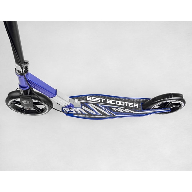 Самокат дитячий 2-х колісний, PU Best Scooter 49804 чорно-синій, колеса Ø230-200mm, AL, 1 амортизатор передній, ФАРА, затискач керма фото westvelo.com