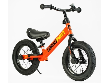 Велобіг 12 Corso надувні колеса, сталева рама «NAVI» NV-12938 помаранчевий, підніжка, підставка для ніг, дзвіночок
