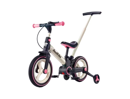 Велобіг-трансформер, 2-х колісний, з батьківською ручкою, PU 12 Best Trike BT-12755 біло-рожевий, складний, з’ємні педалі, ручне гальмо, допоміжні бокові колеса