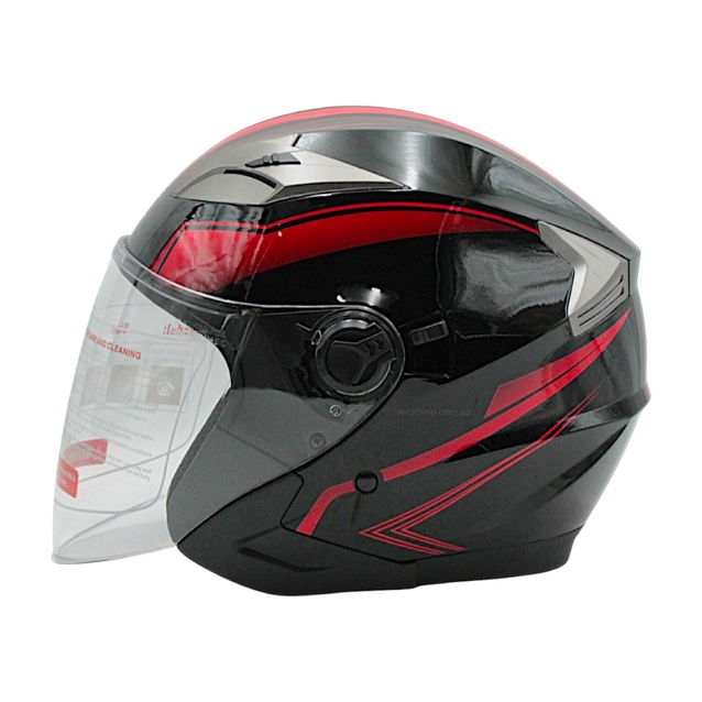 Мото шолом, відкритий (L) GXT "1001-5", чорний матовий з червоними вставками з відкидними окулярами (59-60) фото westvelo.com