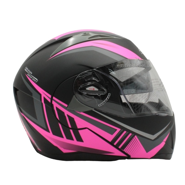 Мото шолом, трансформер (S 55-56) F2 158  Fuchsia (рожевий), чорний, матовий з відкидними окулярами фото westvelo.com