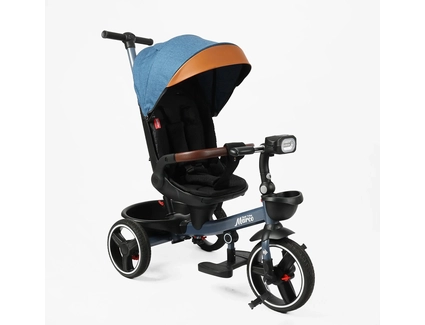 Дитячий велосипед 3-кол з батьківською ручкою, з даш, PU BestTrike «MARCO» 9155/307-05 синьо-коричневий, поворотне сидіння, складне кермо, кошик, телескопічна ручка, фара музична