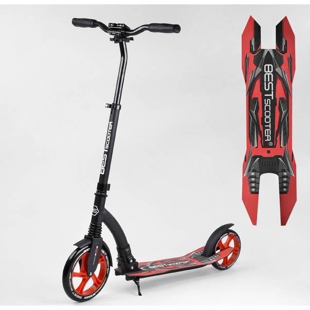 Самокат дитячий 2-х колісний, PU Best Scooter 40860 чорно-червоний, колеса Ø230-200mm, AL, 1 амортизатор, широкий руль, зажим руля фото westvelo.com