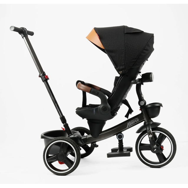 Дитячий велосипед 3-кол з батьківською ручкою, з даш, PU BestTrike «MARCO» 9155/312-51 чорно-коричневий, поворотне сидіння, складне кермо, кошик, телескопічна ручка, фара музична фото westvelo.com