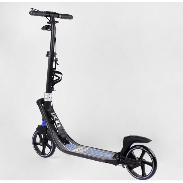 Самокат дитячий 2-х колісний, PU Best Scooter  L-50267 чорно-синій, Ø200mm, ФАРА, 2 амортизатори, затискач керма, ручне гальмо
