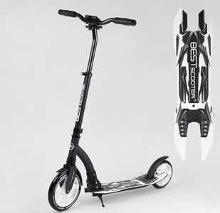 Самокат дитячий 2-х колісний, PU Best Scooter 75343 чорно-білий, колеса Ø230-200mm, AL, 1 амортизатор, широкий руль, зажим руля
