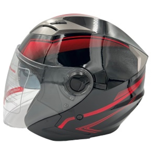 Мото шолом, відкритий (L) GXT "1001-1", чорний глянцевий з червоними вставками, з відкидними окулярами фото westvelo.com