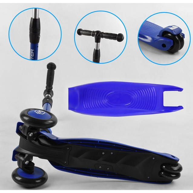 Самокат 3в1 Best Scooter BS-27018, колеса PU 120х80mm зі світлом, сидіння, амортизатори, батьківська ручка, синій фото westvelo.com