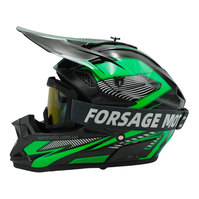 Шолом, закритий крос/ендуро (L) DOT/АТV EDX 025 чорно-зелений глянець з дашком + окуляри фото westvelo.com