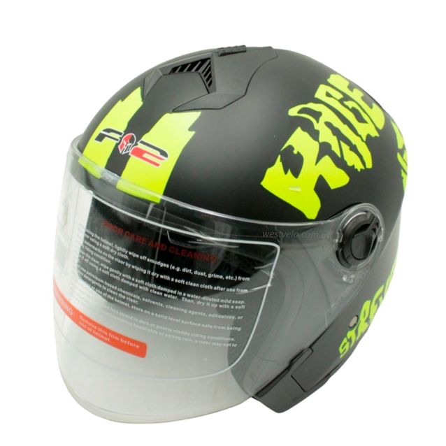 Мото шолом, відкритий (XS 53-54) F2-707, чорно-салатовий, матовий, з відкидними окулярами фото westvelo.com