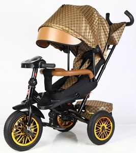 Дитячий велосипед 3-х колісний з батьківською ручкою, з дашком, безкамерні колеса Best Trike «PERFETTO» 8066/910-25 золотий принт «LV», поворотне сидіння, кошик, фара музична, USB, Bluetooth