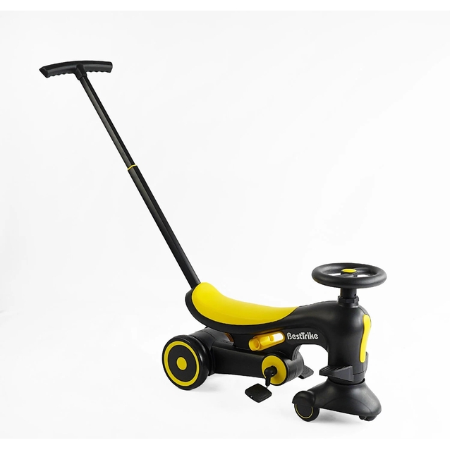 Дитячий велосипед-толокар 3-х колісний з батьківською ручкою, колеса - PU Best Trike BST-7702 чорно-жовтий, рама нейлон фото westvelo.com