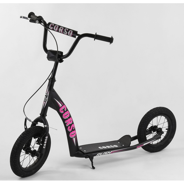 Самокат дитячий 2-х колісний, надувні колеса 12 Corso CR-T 9490 чорно-рожевий, ручне переднє гальмо фото westvelo.com