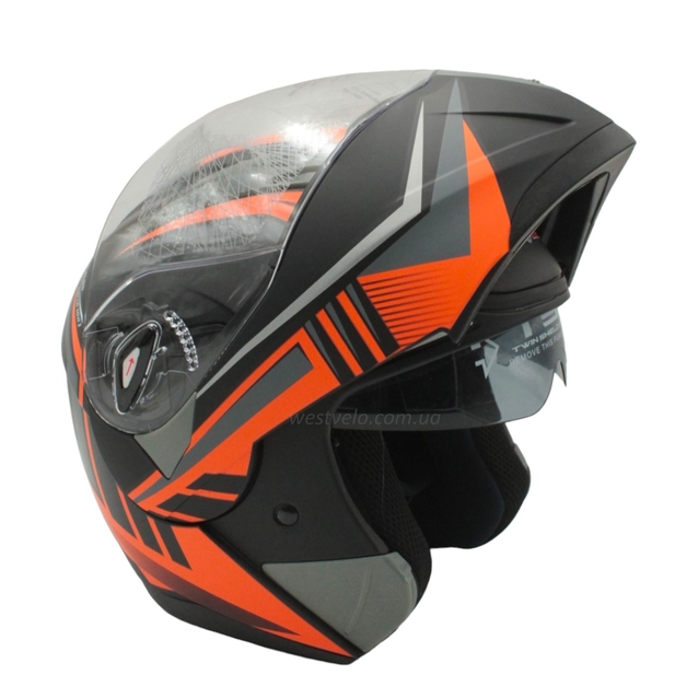 Мото шолом, трансформер (S 55-56) F2 158 Neon orange, чорний, матовий з відкидними окулярами