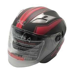 Мото шолом, відкритий (M) GXT "1001-1", чорний матовий з червоними вставками з відкидними окулярами