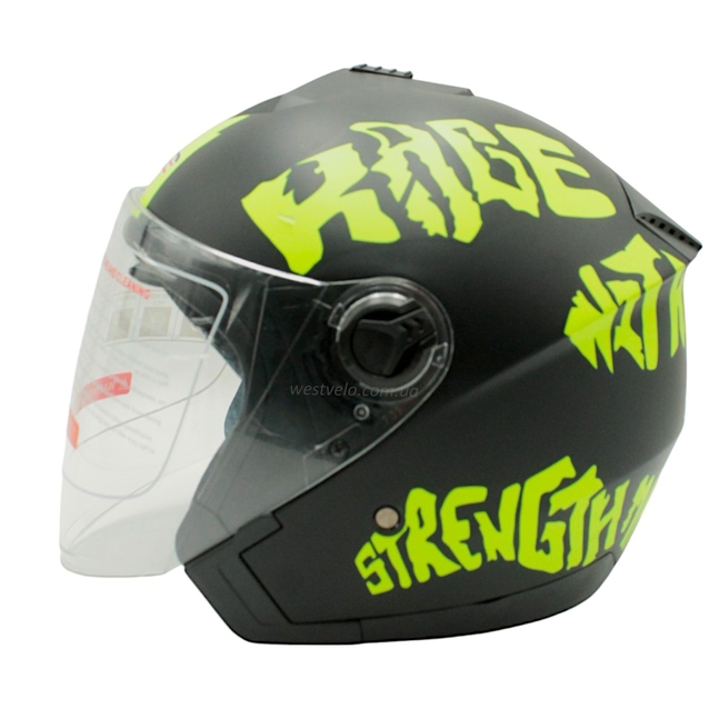 Мото шолом, відкритий (XS 53-54) F2-707, чорно-салатовий, матовий, з відкидними окулярами фото westvelo.com