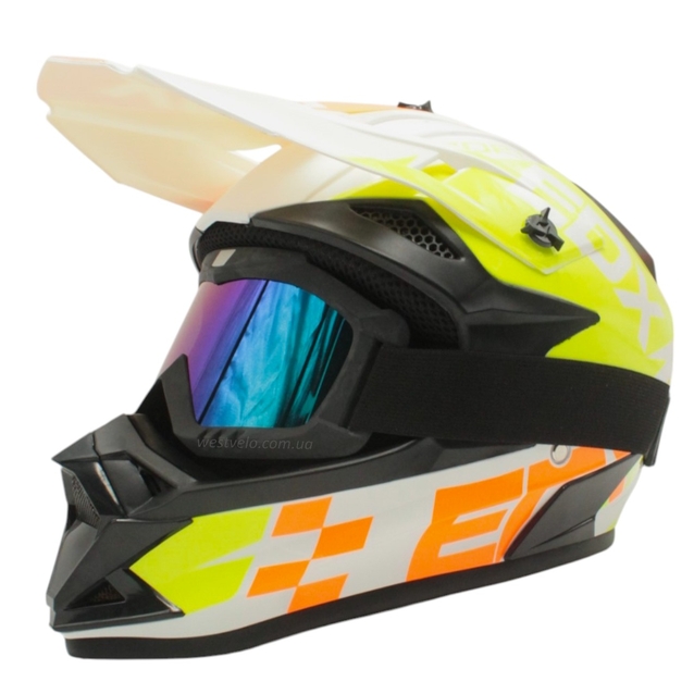 Шолом, закритий крос/ендуро (М) АТV EDX 020 біло-оранжевий глянець з дашком + окуляри фото westvelo.com