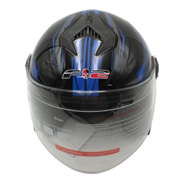 Мото шолом, відкритий (XS 53-54) F2-707, чорно-синій, глянець, з відкидними окулярами фото westvelo.com