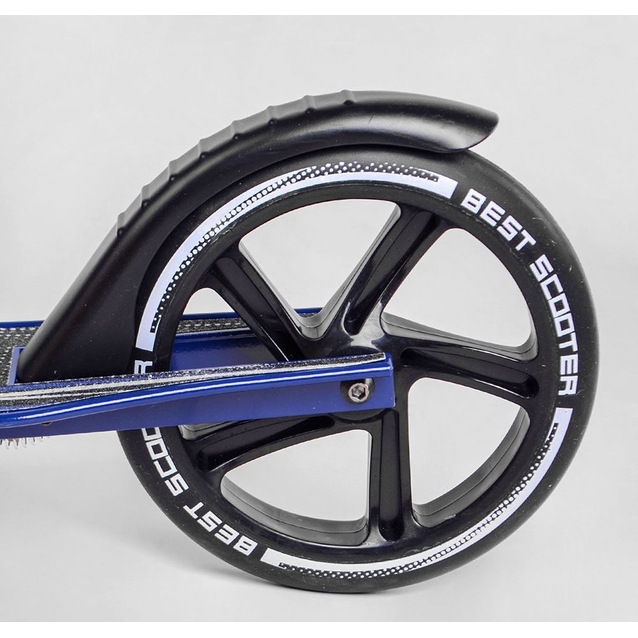 Самокат дитячий 2-х колісний, PU Best Scooter 49804 чорно-синій, колеса Ø230-200mm, AL, 1 амортизатор передній, ФАРА, затискач керма фото westvelo.com