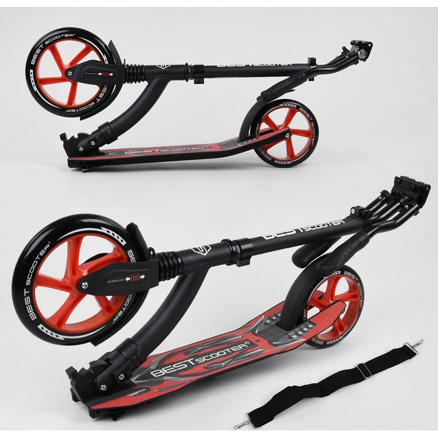 Самокат дитячий 2-х колісний, PU Best Scooter 40860 чорно-червоний, колеса Ø230-200mm, AL, 1 амортизатор, широкий руль, зажим руля фото westvelo.com