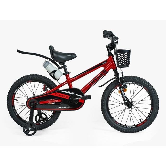 Дитячий велосипед 18 AL Corso «TAYGER» TG-43922 алюмінієва рама темно червоний, ручне гальмо, дод. колеса, дзвоник, бутилочка фото westvelo.com