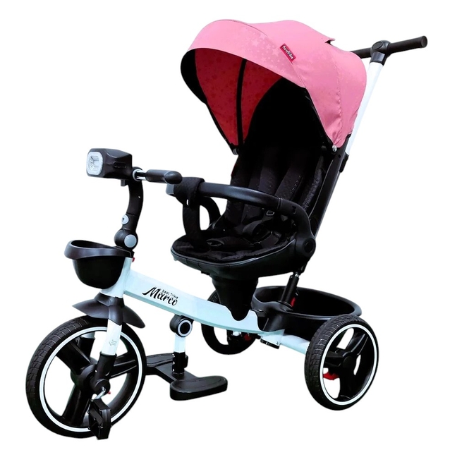 Дитячий велосипед 3-кол з батьківською ручкою, з даш, PU BestTrike «MARCO» 9155/345-62 біло-рожевий, поворотне сидіння, складне кермо, кошик, телескопічна ручка, фара музична фото westvelo.com