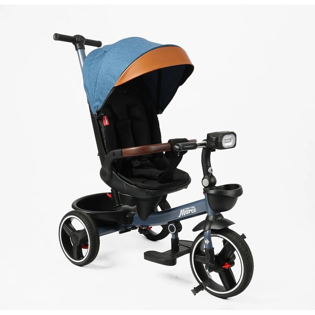Дитячий велосипед 3-кол з батьківською ручкою, з даш, PU BestTrike «MARCO» 9155/307-05 синьо-коричневий, поворотне сидіння, складне кермо, кошик, телескопічна ручка, фара музична фото westvelo.com
