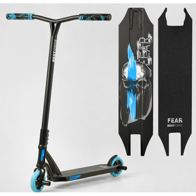 Самокат трюковий Best Scooter «FEAR» МТ-40488 чорно-блакитний, SCS-система, пеги, AL диск та дека, колеса PU Ø115mm, ширина керма - 58 см фото westvelo.com