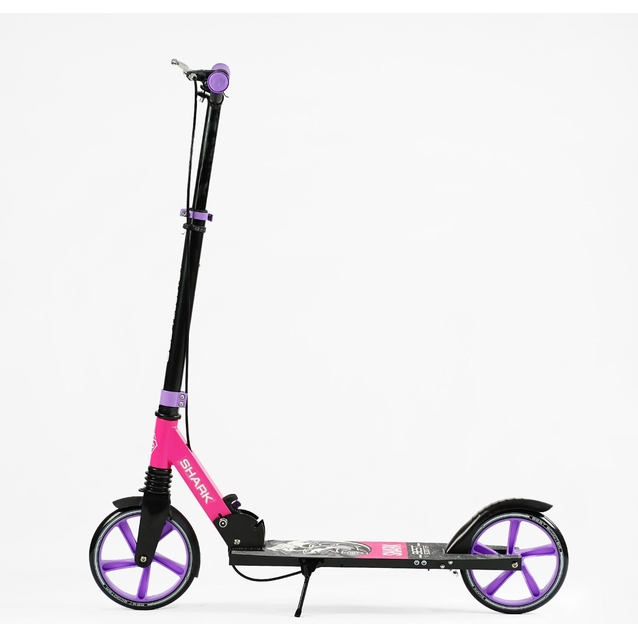 Самокат дитячий 2-х колісний, PU Best Scooter «SHARK» SH-30610 чорно-рожево-фіолетовий, Ø200mm, з ручним гальмом, затискач керма, 1 амортизатор