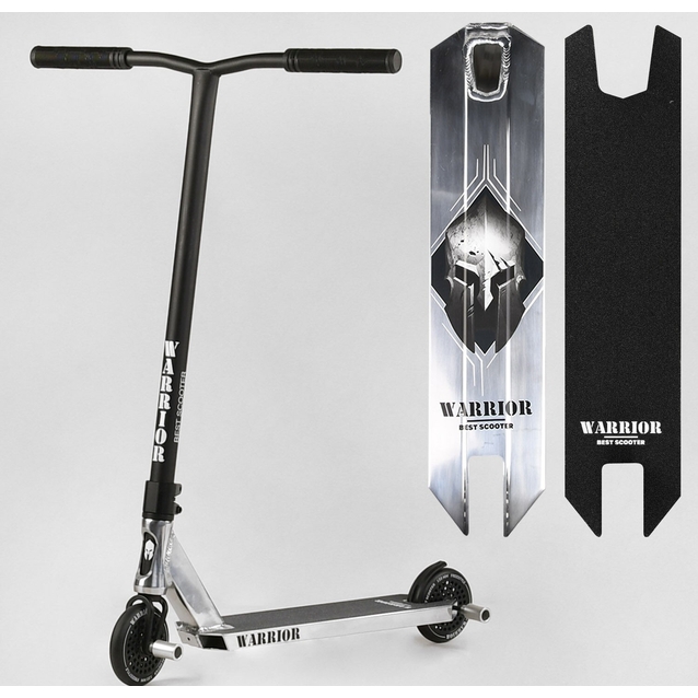 Самокат трюковий Best Scooter «WARRIOR» Т-30401 срібний, HIC-система, пеги, AL диск та дека, колеса PU Ø120mm, ширина керма - 58 см фото westvelo.com