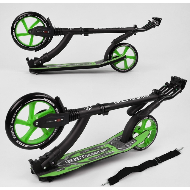 Самокат дитячий 2-х колісний, PU Best Scooter 52266 чорно-салатовий, колеса Ø230-200mm, AL, 1 амортизатор, широкий руль, зажим руля фото westvelo.com